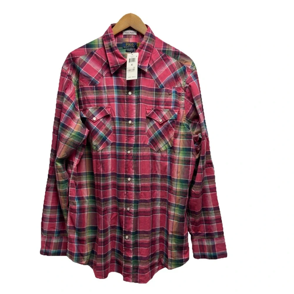 Polo Ralph Lauren NEW Men's XL Indian Madras Pink Plaid Pearl Snap Western Shirt